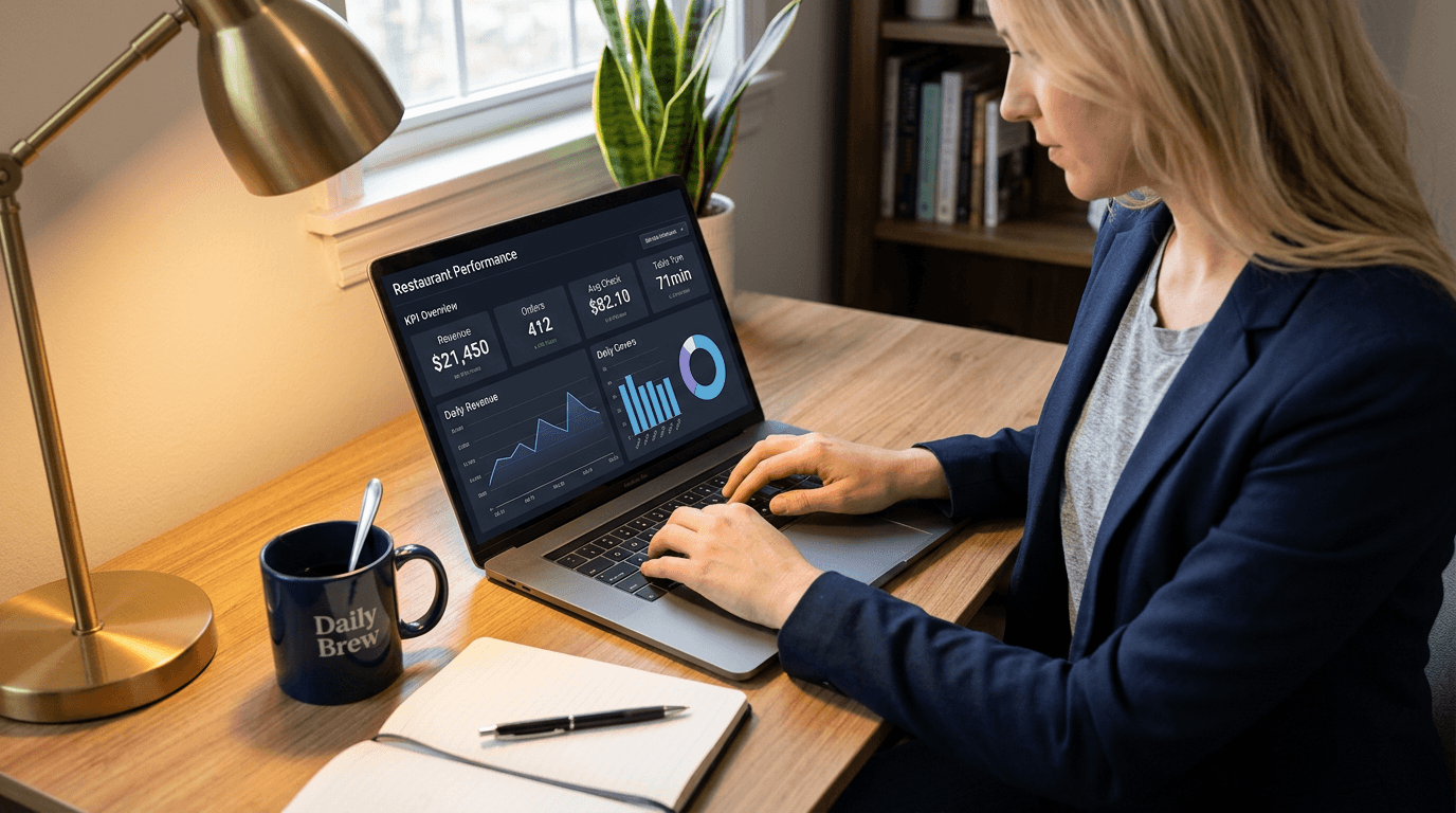 Restaurant owner reviewing a dark analytics dashboard showing KPIs, order charts, and table metrics
