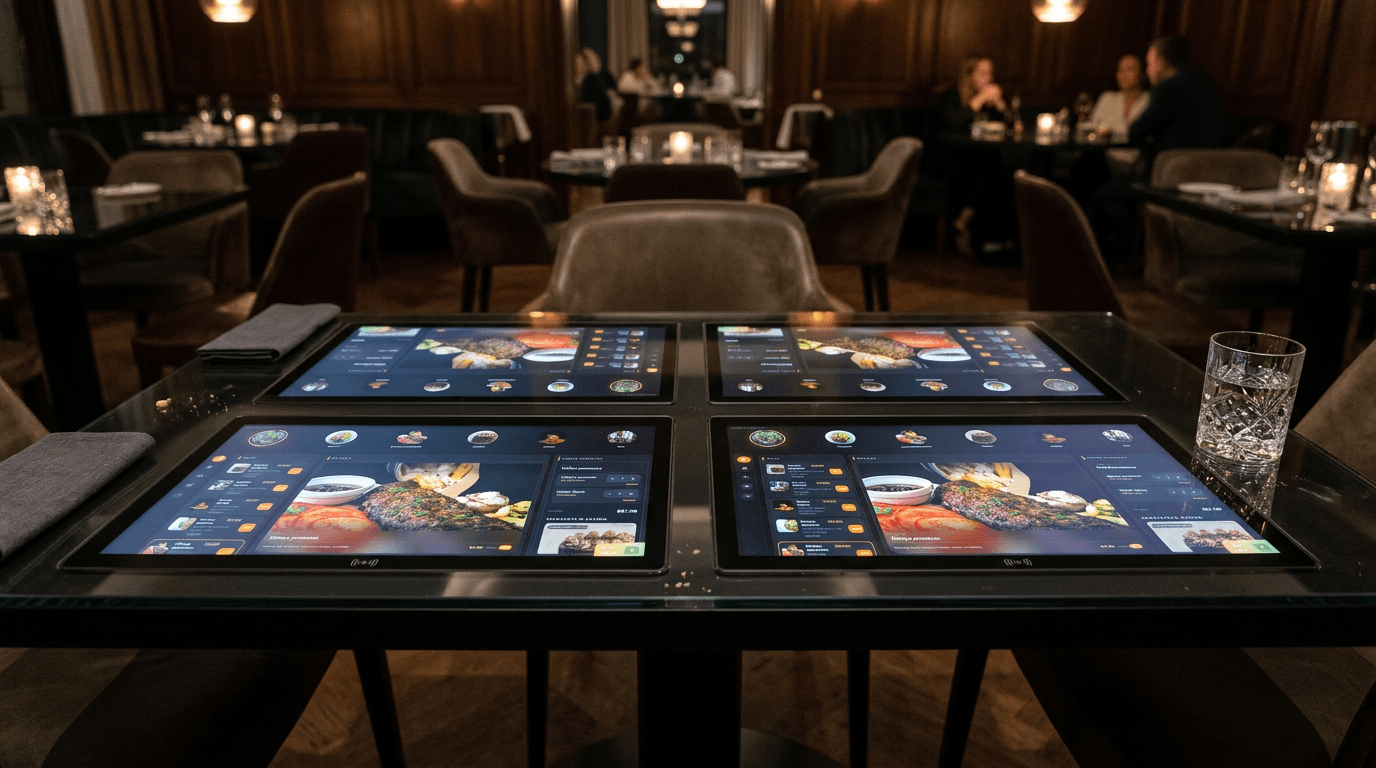 Four diners at an AutoDine table with built-in menu displays, glassware, warm restaurant lighting