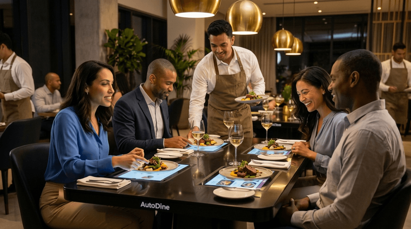 Waiter serving dishes to diners at an AutoDine table with embedded menu screens